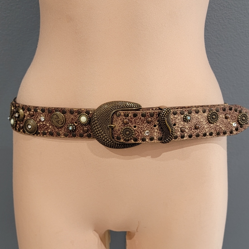 Vintage Nanni Brown Distressed Charmed Jeweled 1.5" belt M/L